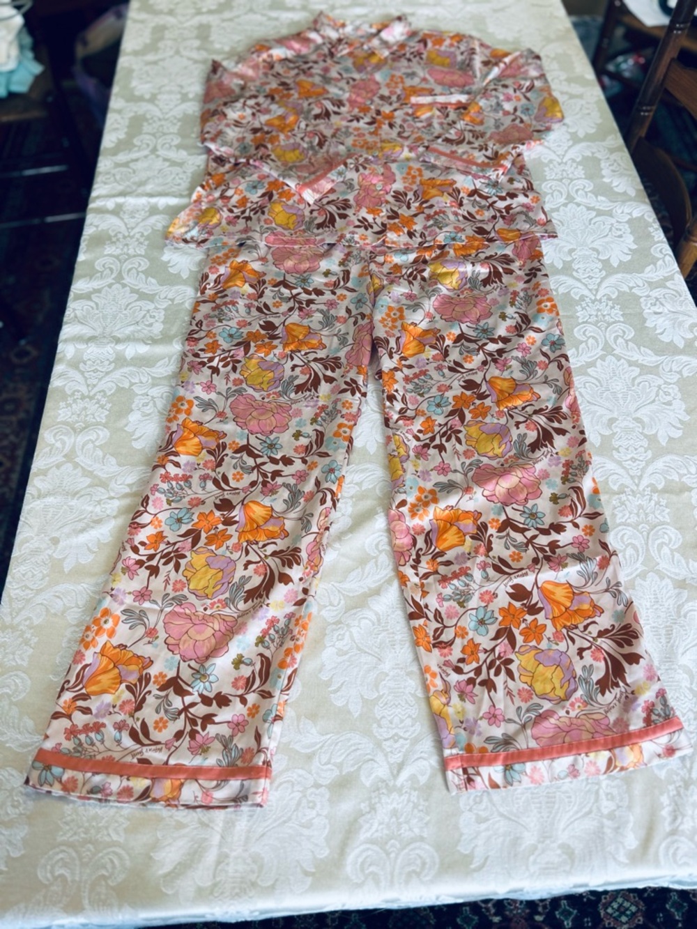 Victoria's Secret Pink Floral Satin Pajama Set with Orange and Yellow Accents